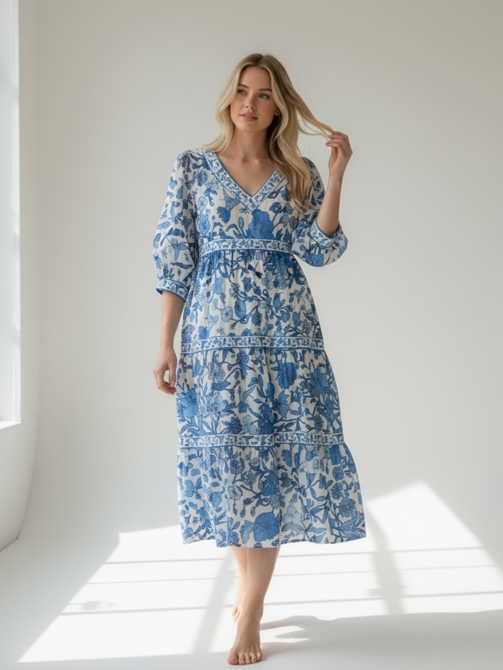 Gretchen Scott Designs Blue Floral V‑Neck Tiered Midi Dress